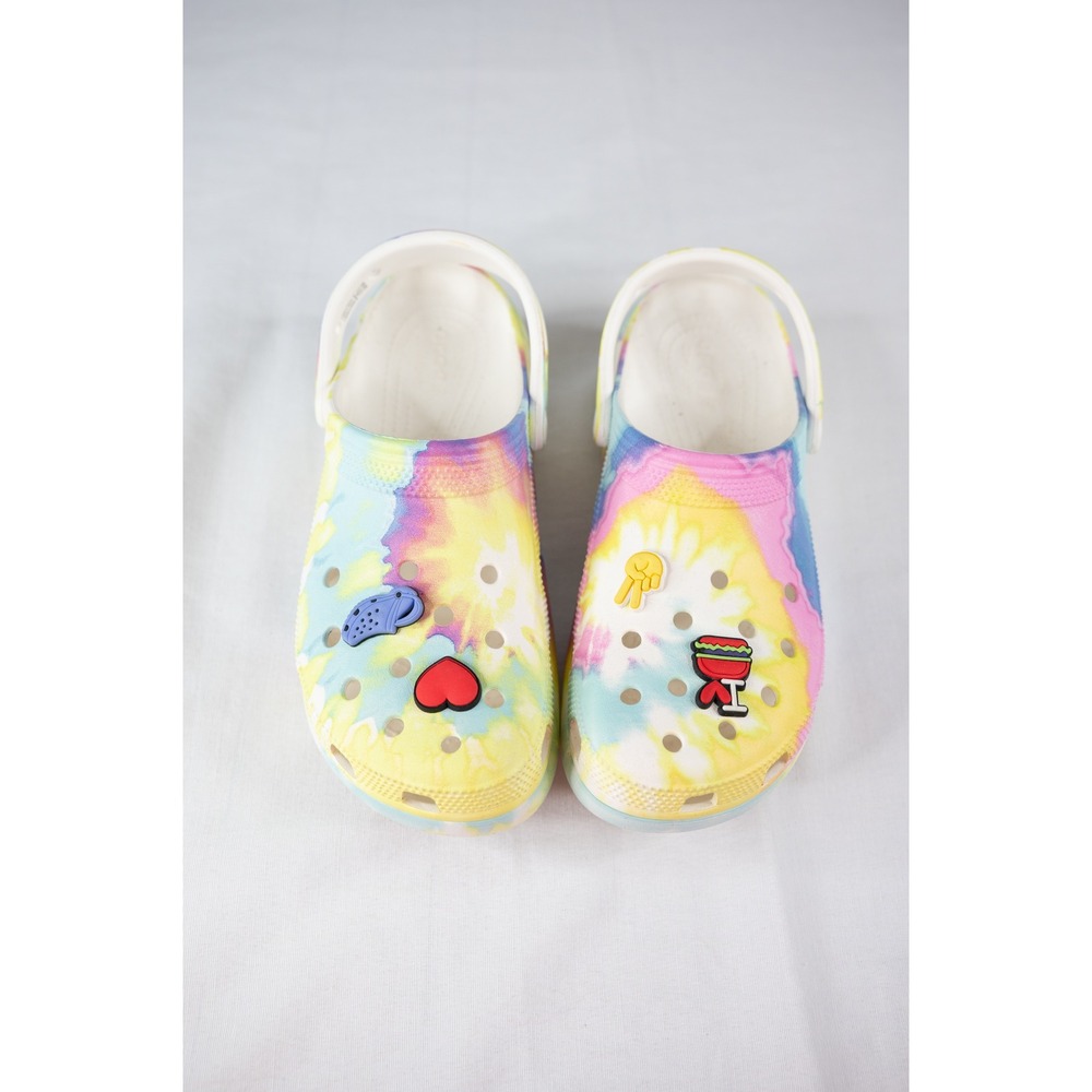 Crocs Classic Clog Womens 9 Multicolor Good Tie Dye Jibbitz Charms Comfort Shoes